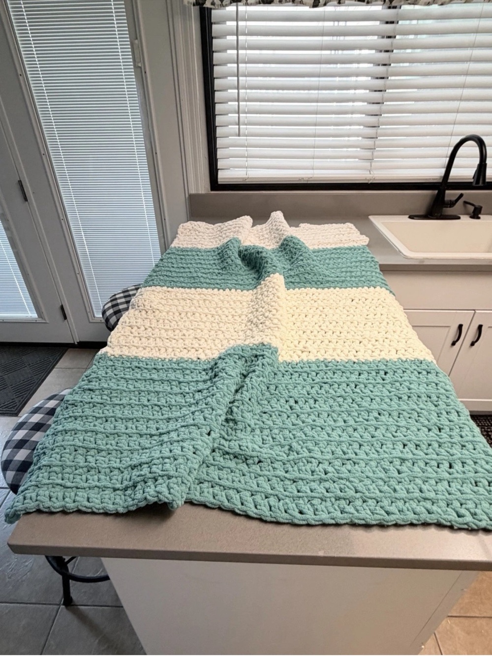Handmade Crochet Throw Blanket Aqua Cream Chunky Soft 54x43 Cottagecore